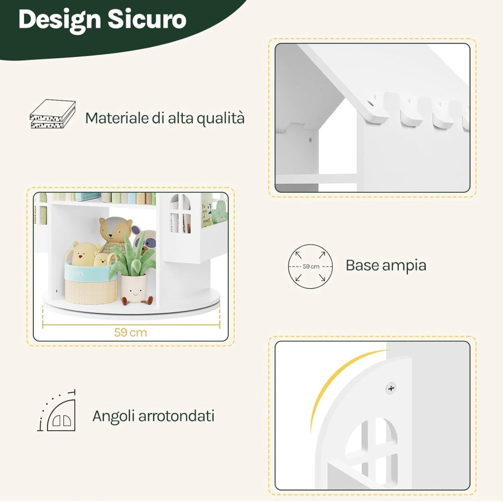 Libreria Bianca per Bambini Girevole, Mobile Portaoggetti per Bambini a 4 Livelli con 2 Spazi di Archiviazione Laterali, a Forma di Casa, 63x59x125cm