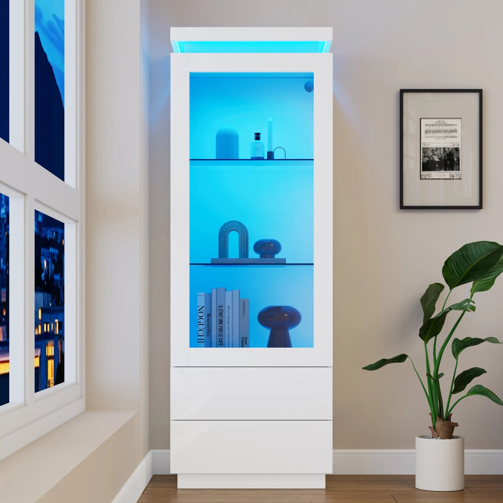 Vetrina con LED, 2 cassetti e 1 anta in acrilico, ripiani in vetro temperato, per soggiorno, bianca, 60 × 40 × 171 cm