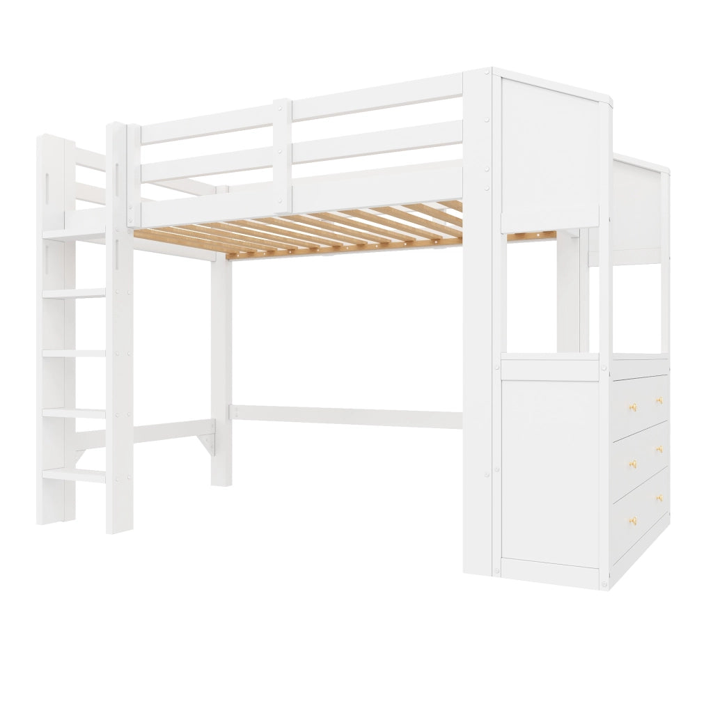 Letto a Soppalco 90x200 cm; Letto Singolo con 3 Cassetti; Mensole e LED - Bianco