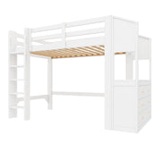 Letto a Soppalco 90x200 cm; Letto Singolo con 3 Cassetti; Mensole e LED - Bianco
