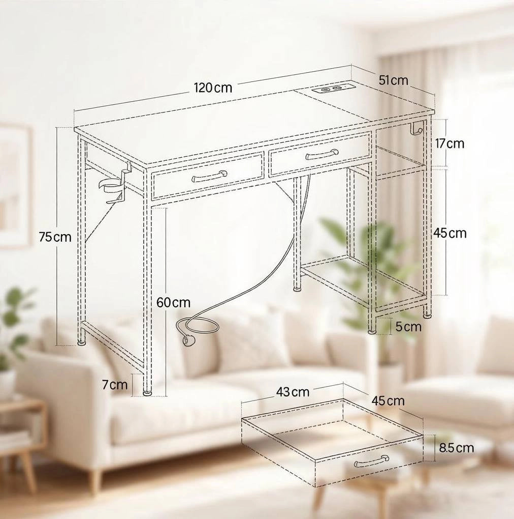 Scrivania 120x51 cm bianca – 2 cassetti, ripiano laterale e presa integrata