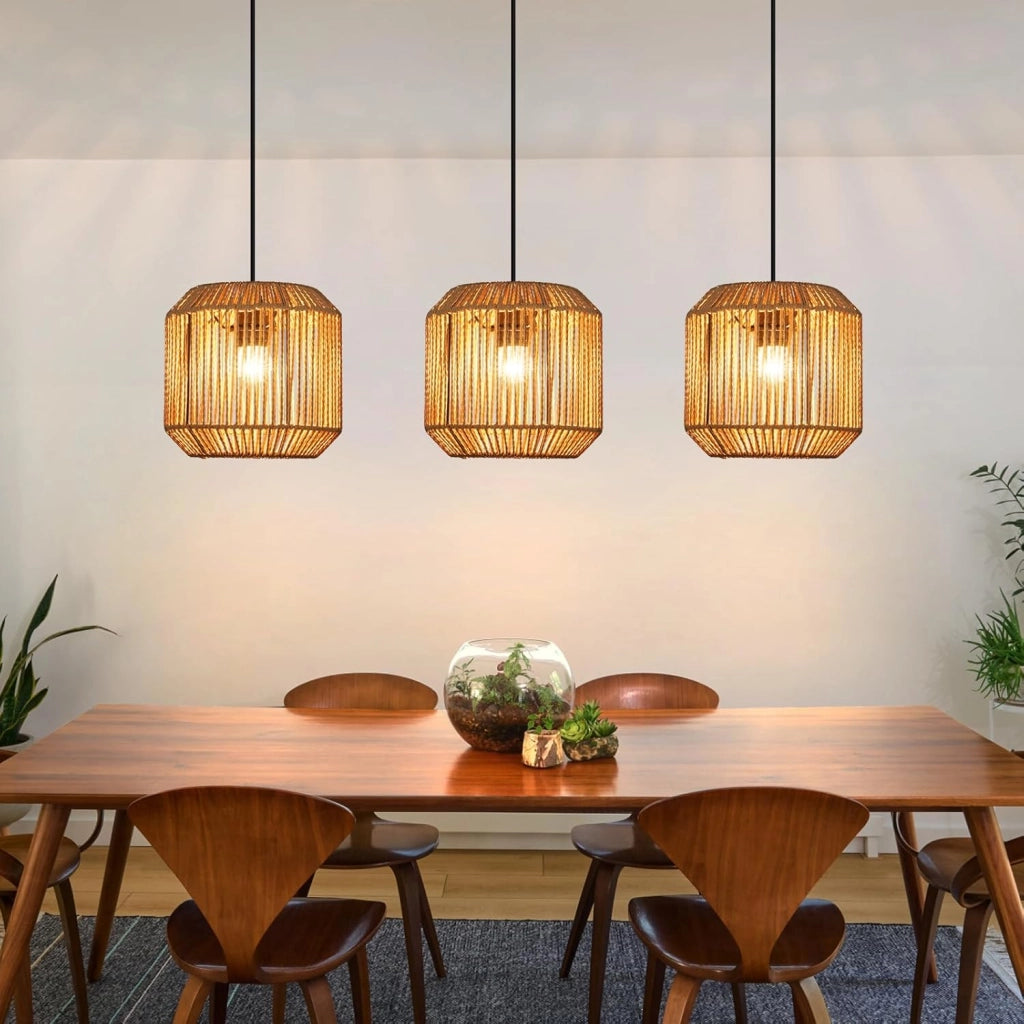Lampada a sospensione ZMH vintage a 3 luci in stile legno e rattan (lampadina non inclusa)