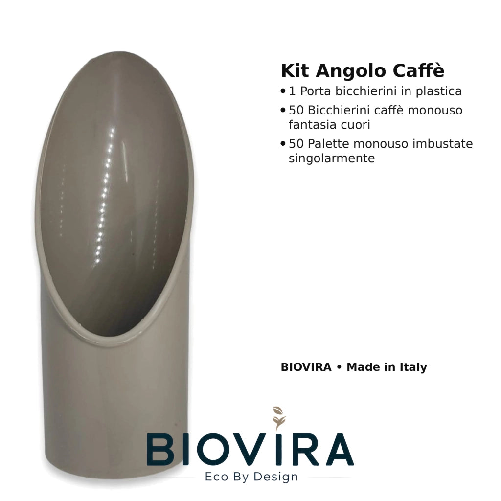 BIOVIRA Kit Angolo Caffè Tortora – Made in Italy | Porta Bicchierini + Bicchierini Cuori + Palette Imbustate