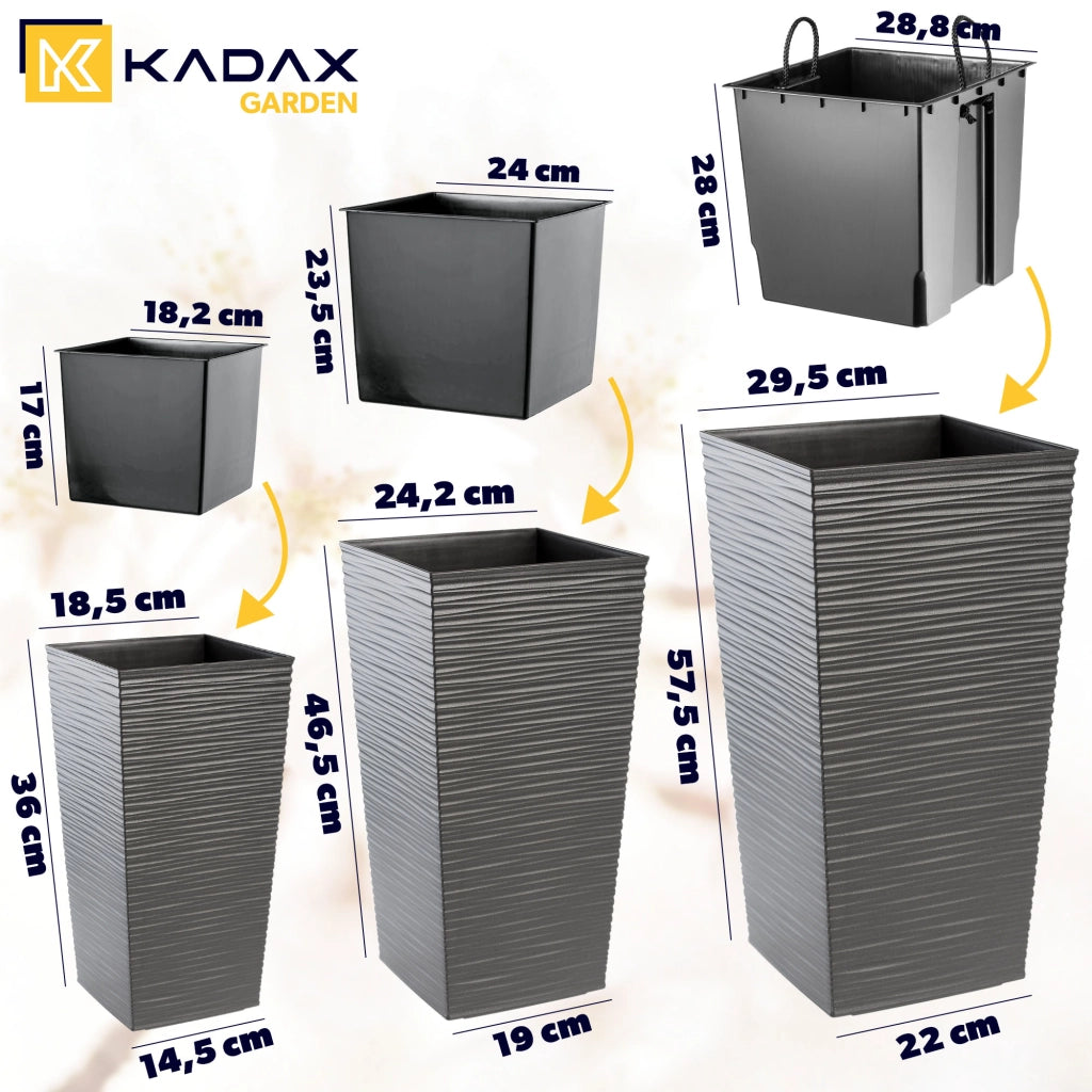 Set di 3 vasi da fiori KADAX, vasi da giardino + inserti, alti e grandi, grafite 37+47+57 cm