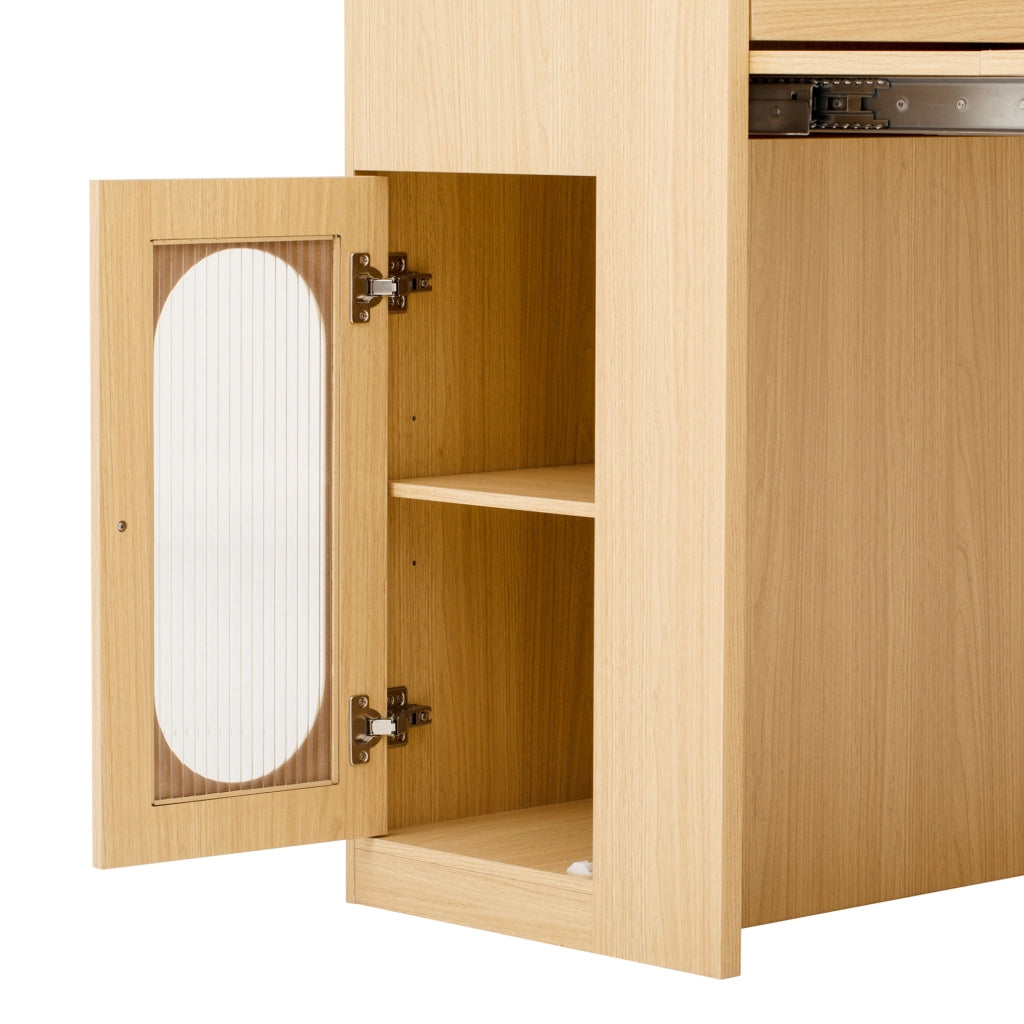 Tavolo allungabile 83x46~146.5x96 cm con piano pieghevole; ripiani e ante in vetro; naturale