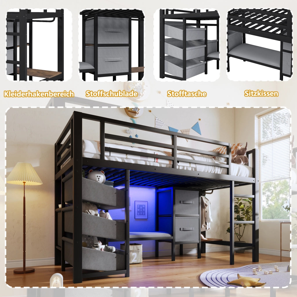 Letto a Soppalco 90x200 cm, con LED, Tasche, Appendiabiti e Cuscino - Metallo - Nero