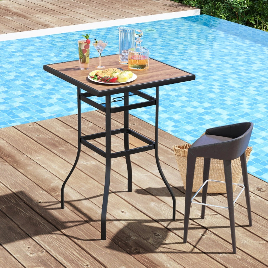 Tavolo da bar da giardino 70cm con piano in finta legno foro per ombrellone da 39mm, Tavolo quadrato da bistro-Tavoli da esterno