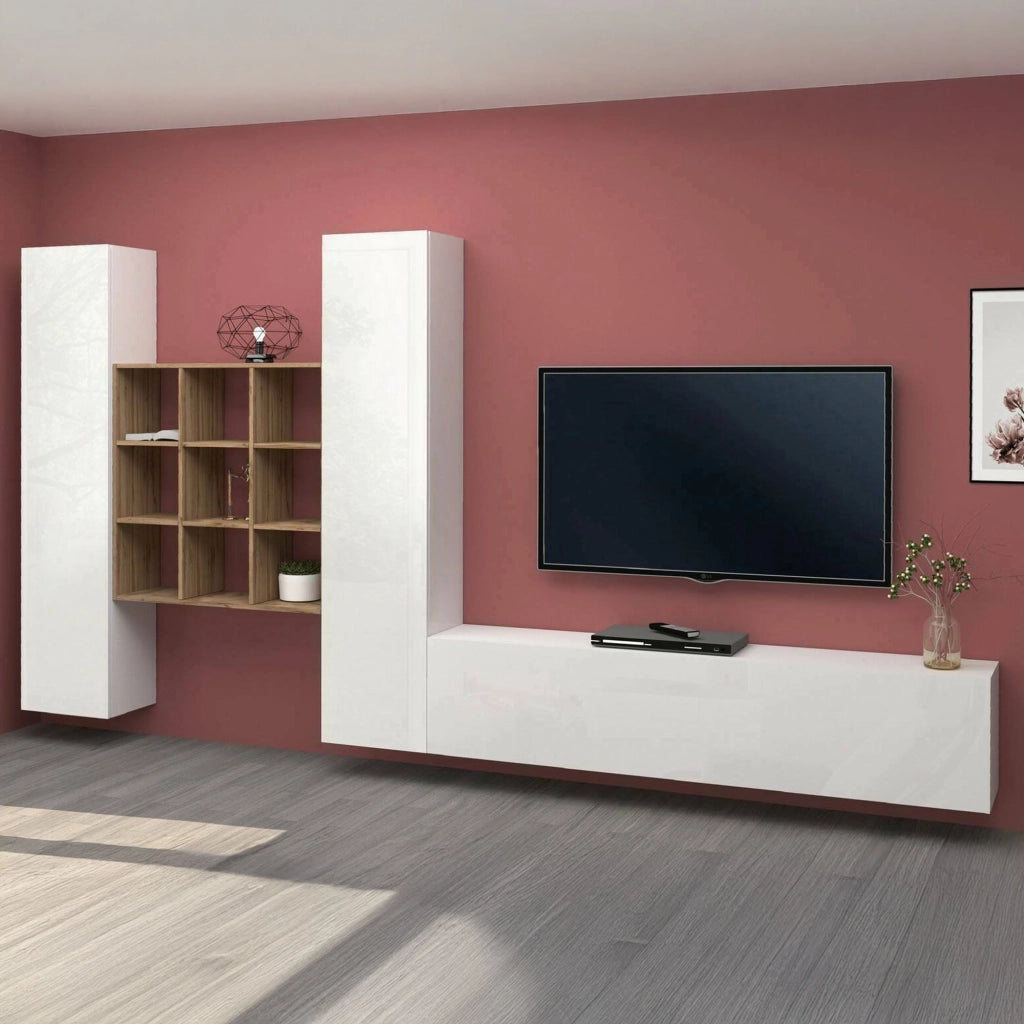 Mobile Soggiorno Genoveffa, Parete Attrezzata 18 Ripiani Made in Italy, 270x30x180h cm Bianco Lucido