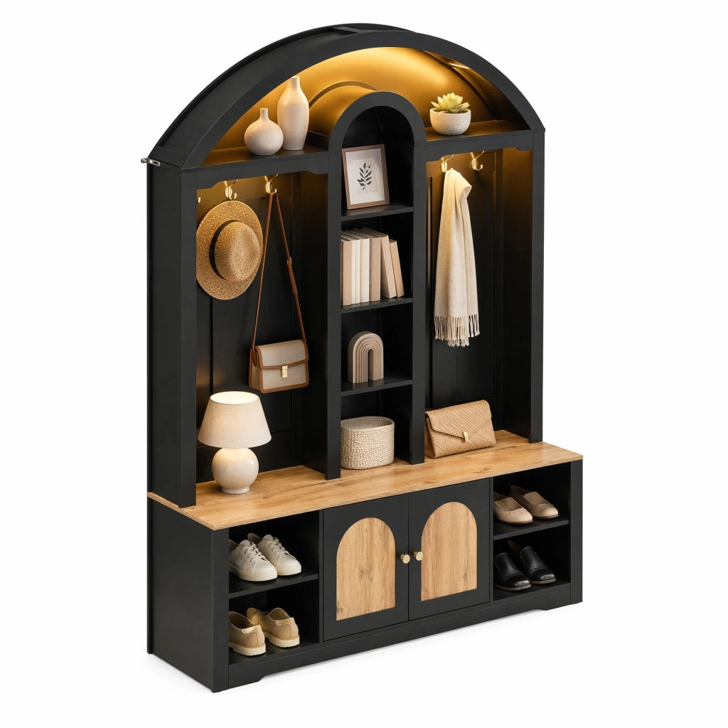 Garderoba da ingresso ad arco con ante; ripiani aperti e ganci; 150x40x195 cm; nero in MDF