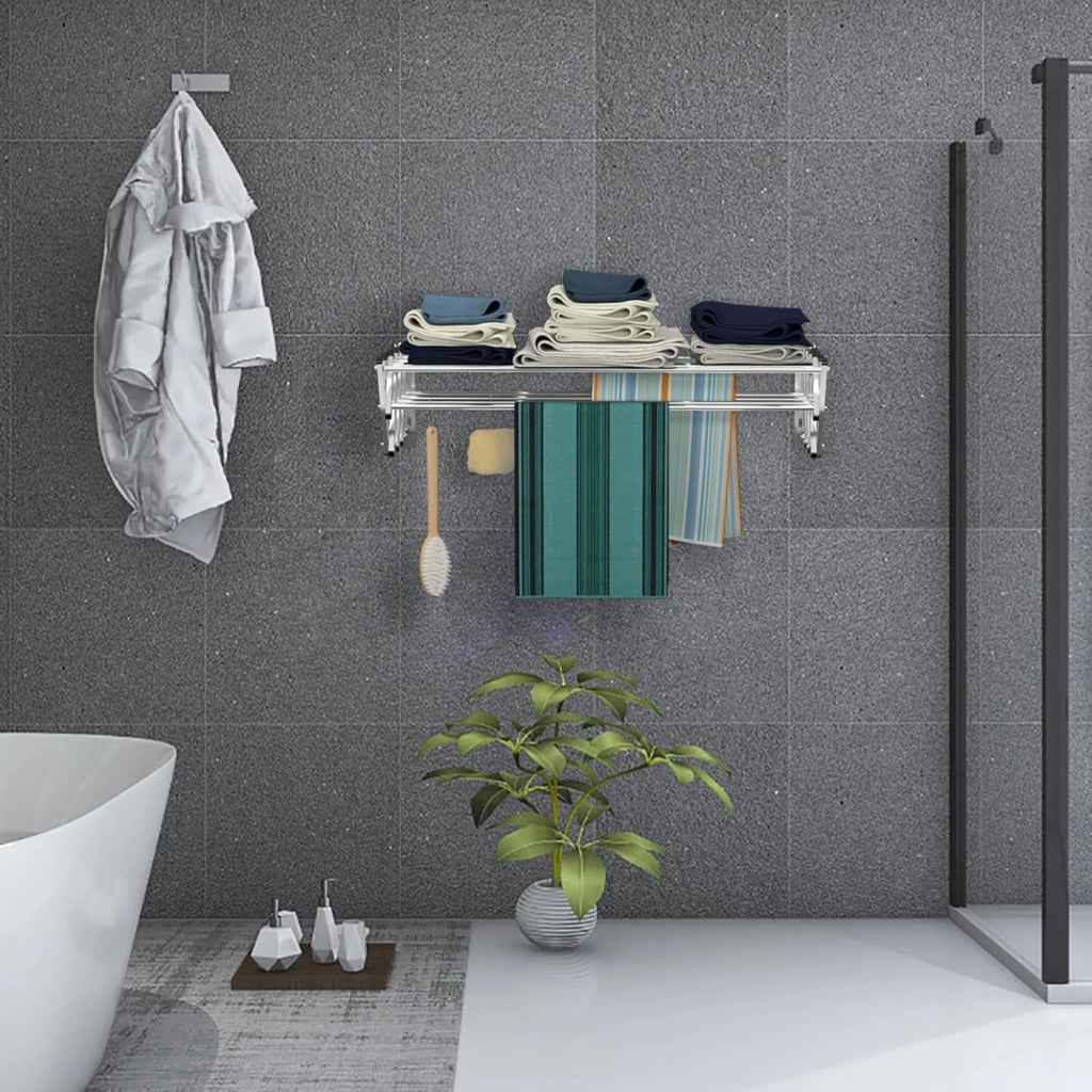 Stendibiancheria da Parete, Stendibiancheria Estensibile in Acciaio Inox con 8 Barre, Stendibiancheria Salvaspazio per Lavanderia Bagno e Balcone, 86x64x22 cm