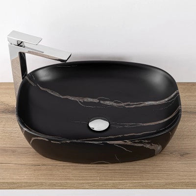Lavandino da appoggio ovale 50x38 cm effetto marmo nero Tokyo