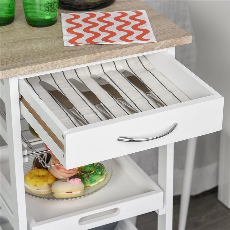 CARRELLO DA CUCINA SALVASPAZIO IN LEGNO BIANCO CON 4 RUOTE 37X37X82CM TOP LEGNO