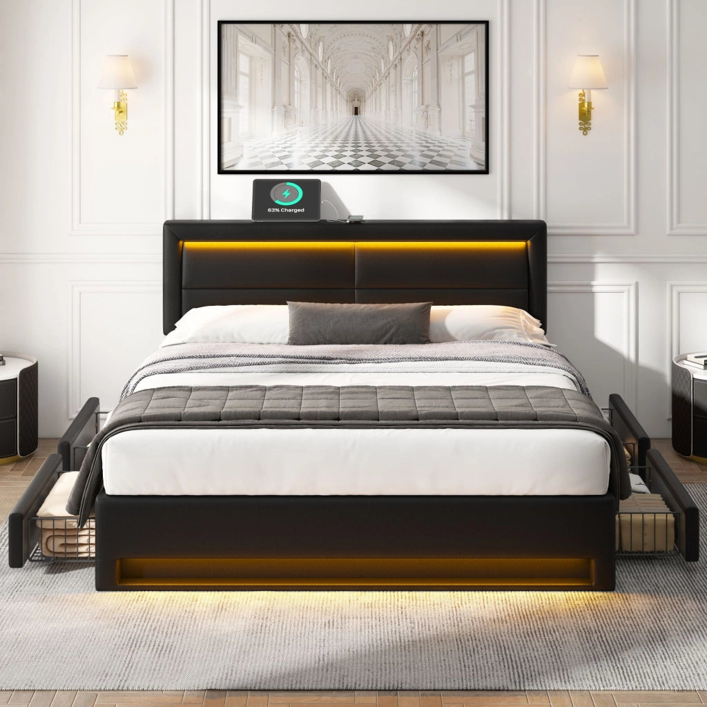 LETTO imbottito 140x200 cm PU nero con USB, LED e 4 cassetti