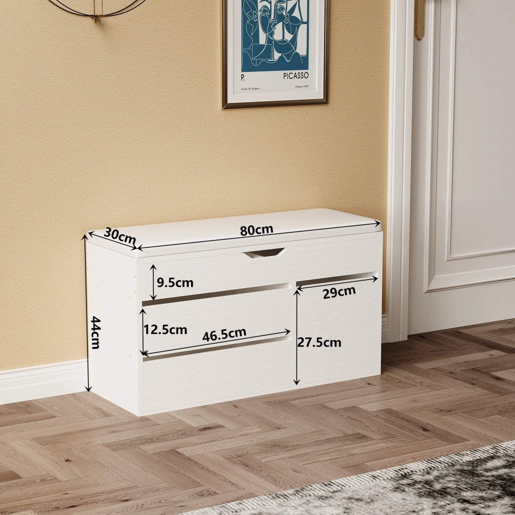 Scarpiera con seduta in legno, vano portaoggetti, ripiani, apribile, bianca, 80 cm