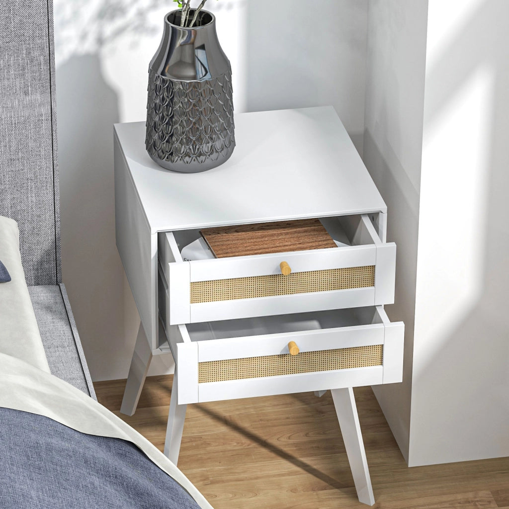 Comodino con 2 Cassetti Stile Cannage ¨C Zephmum ¨C Bianco 40x40x60 cm