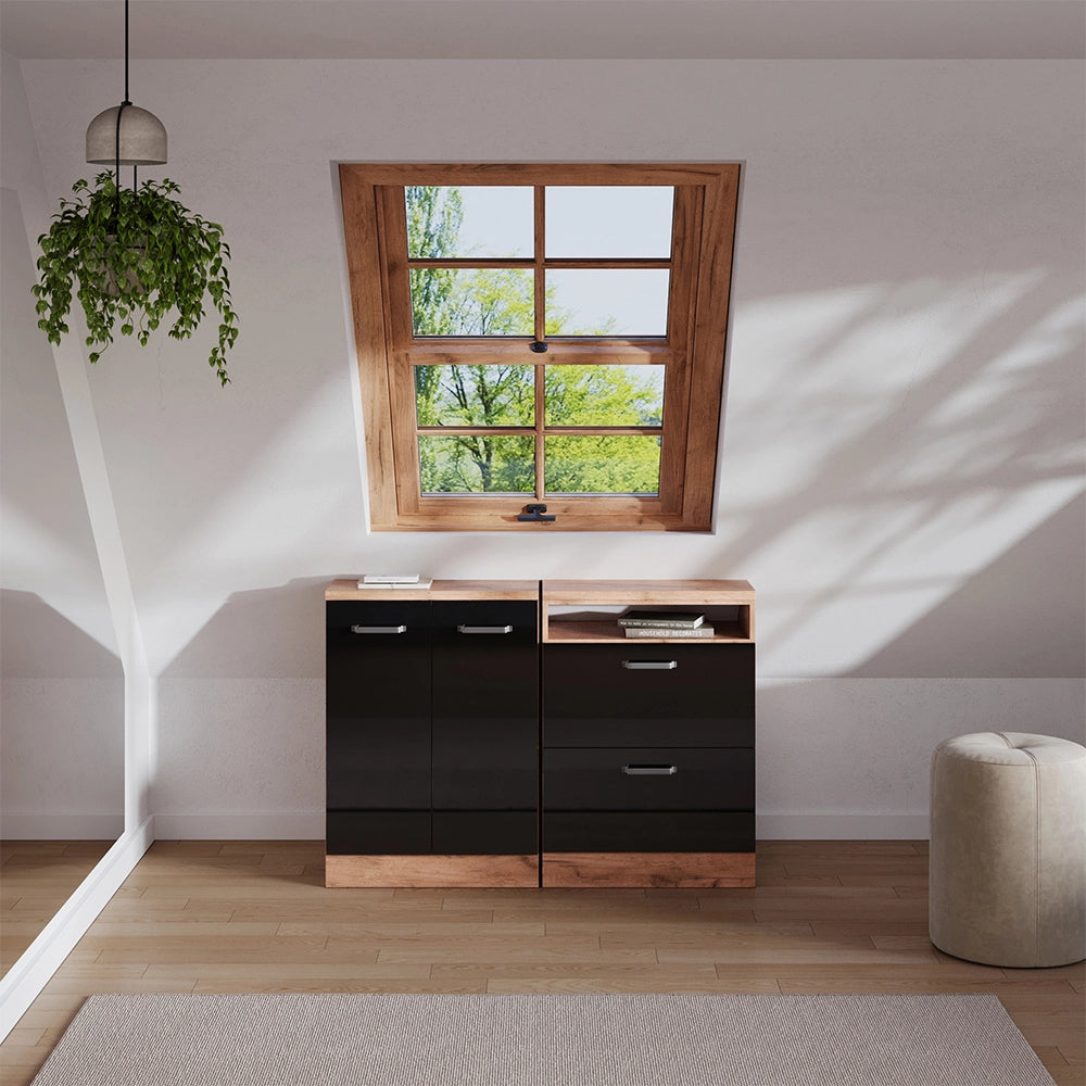Set di mobili sottotetto Rion Nero lucido/Rovere dorato 120 cm Set di 2 carcasse armadio profondità 60 cm Vicco