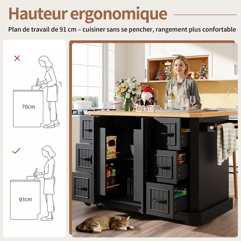 Carrello da Cucina con 2 Ante e 6 Cassetti con Ruote; in MDF e Metallo; per Cucina; 120x45x91 cm; Nero