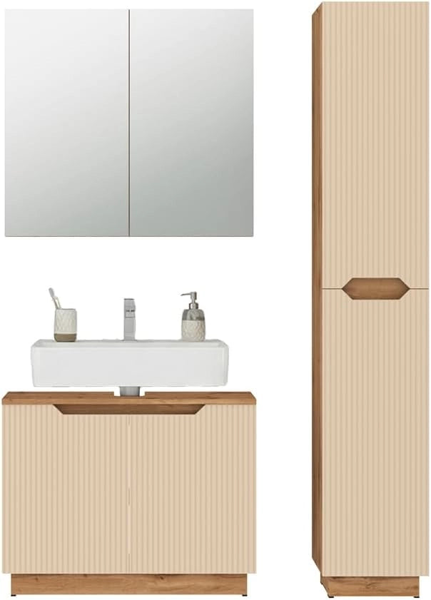Set di mobili da bagno Lotta, Rovere/cashmere a righe, 3 parti