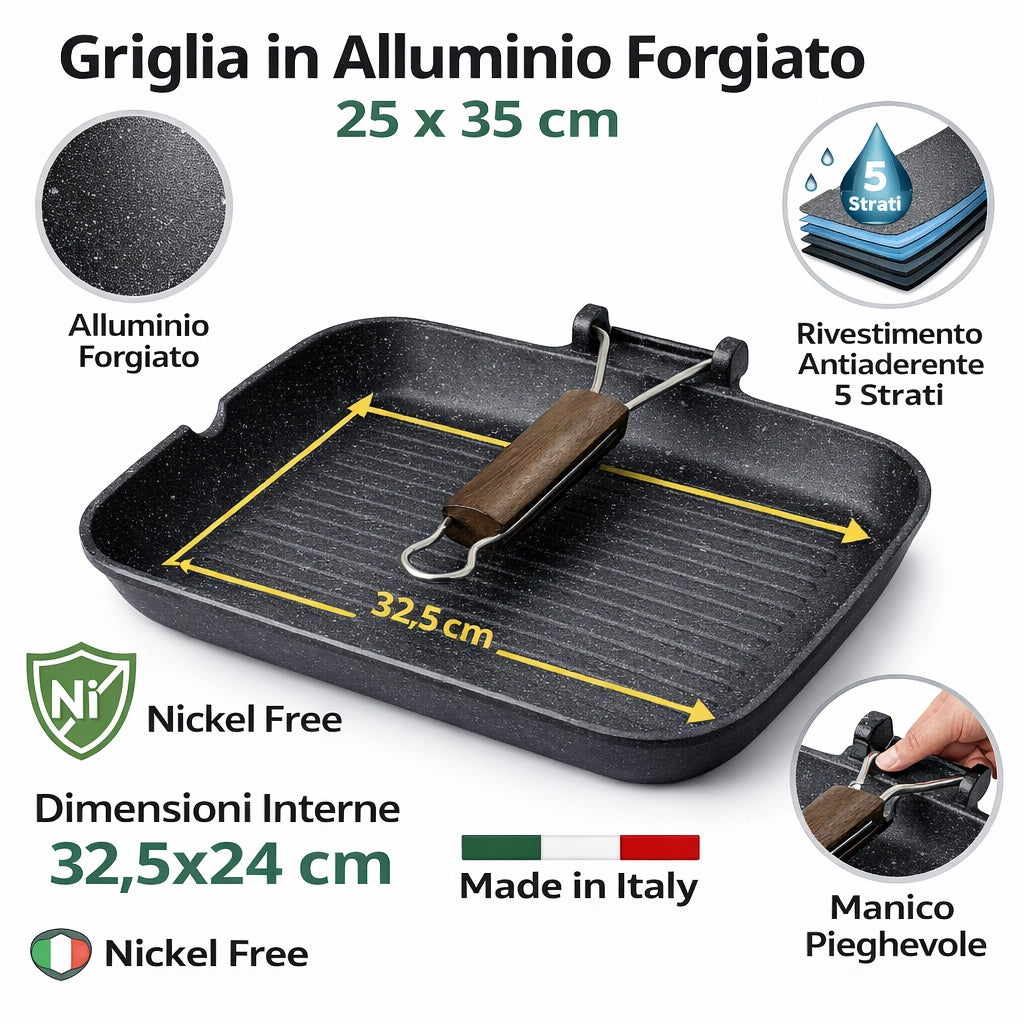 Bistecchiera 25x35 cm Antiaderente 5 Strati Pietra Manico Pieghevole Made in Italy