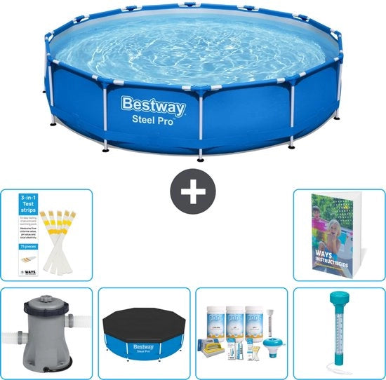 Piscina Rettangolare Acciaio Pro - 305 x 76 cm - Blu - Incluso Pompa Copertura - Kit Manutenzione - Termometro - 7 pezzi
