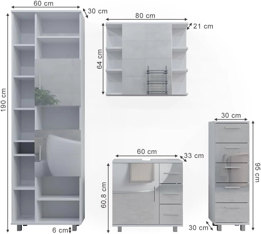Set mobili bagno Ilias, Bianco lucido, 60 cm, composto da mobile lavabo, pensile a specchio, colonna e base media