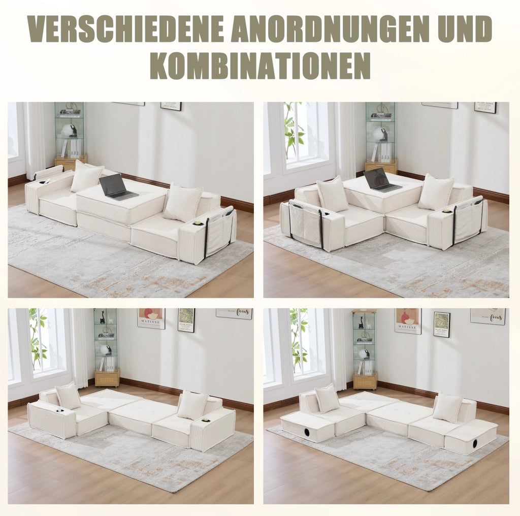 Divano pouf modulare beige in velluto a coste con 2 cuscini
