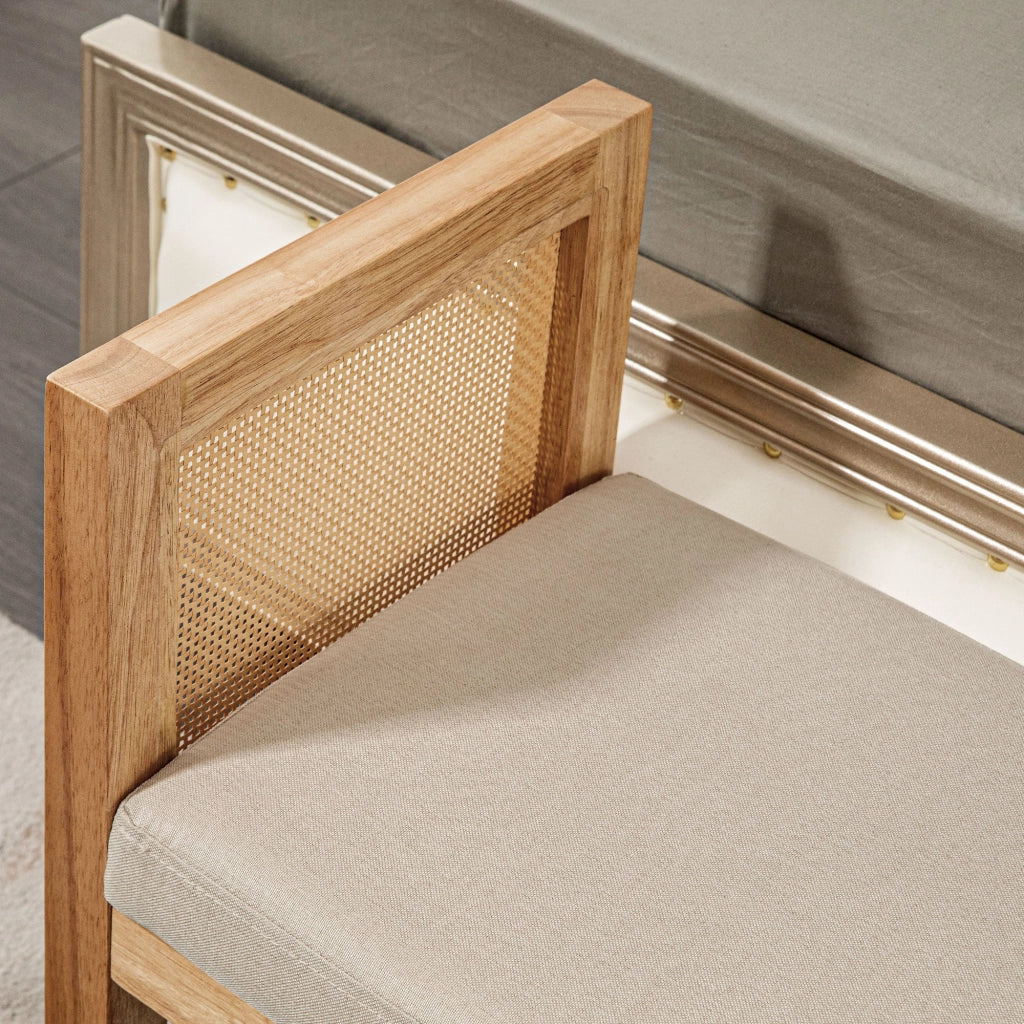 Panca Fondoletto Stile Boho 120x38x61,5 cm Seduta Effetto Lino Braccioli in Rattan Crema