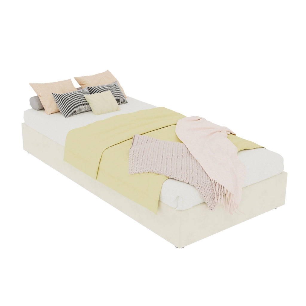 Letto 90x200 cm con contenitore a sollevamento a gas in tessuto beige
