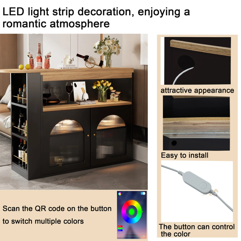 OKWISH Tavolo Bar Estensibile con Ripiani a 3 Livelli, Rotazione 360 e LED, per Sala da Pranzo, MDF, Nero, 138-193 × 39 × 105 cm
