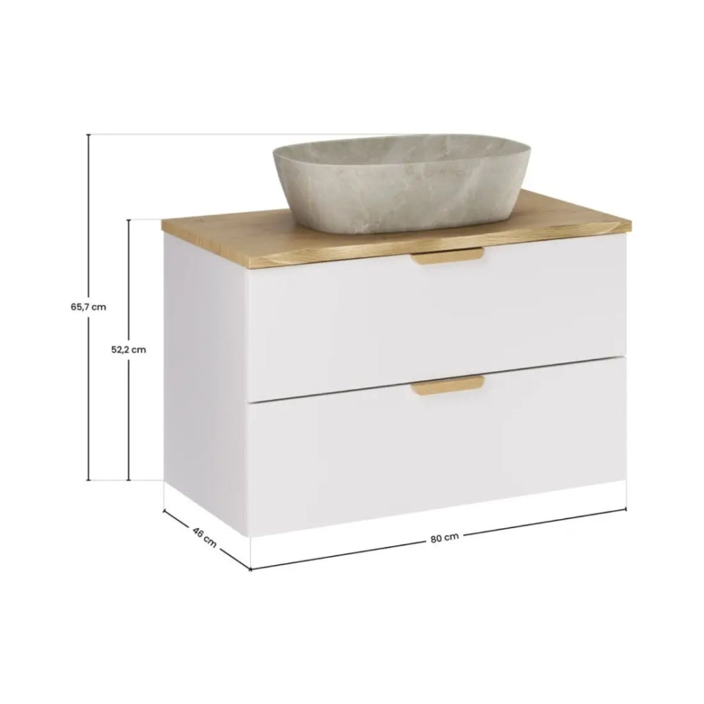 Set da bagno sospeso OSTER 80cm: mobile sotto lavabo con cassetti + piano per lavabo bisellato + lavabo da appoggio