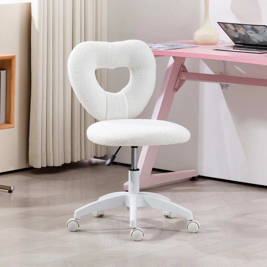 Sedia da Ufficio 45x56x78-88 cm con Schienale a Cuore in Velluto Teddy e Plastica Bianco