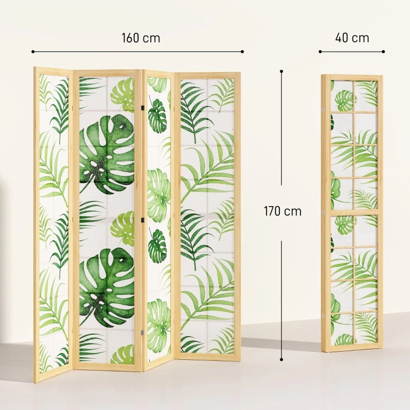 Paravento pieghevole a 4 pannelli, design boho tropicale, struttura in legno naturale, verde