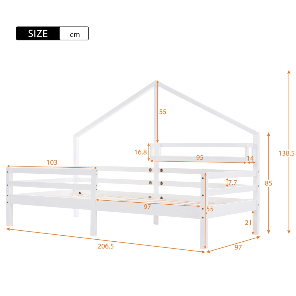 OKWISH Letto a Casetta 90×200 cm, Letto Singolo con Mensola e Spondina di Sicurezza, senza Materasso, in Pino, Bianco