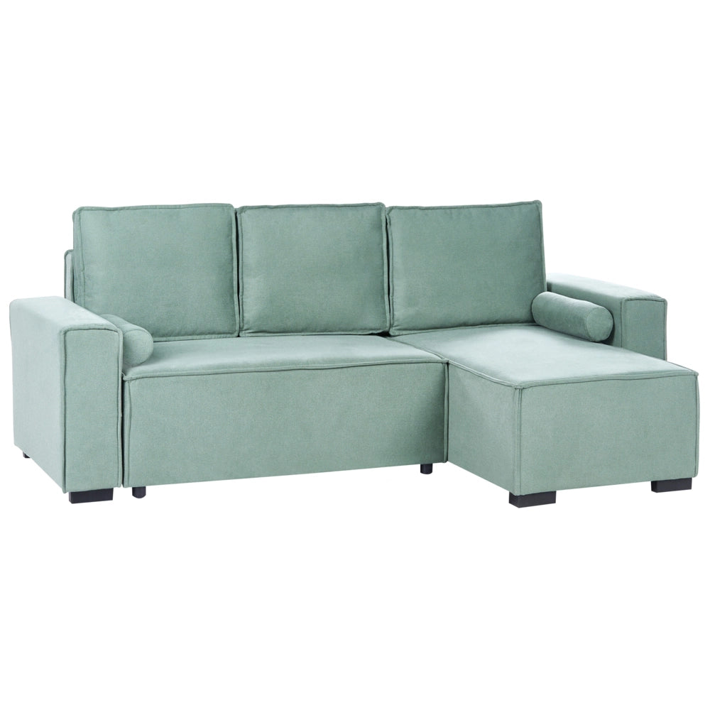 Divano letto angolare a 3 posti con rivestimento in tessuto verde chiaro, lato sinistro, con braccioli contenitore reversibili, stile moderno per soggiorno