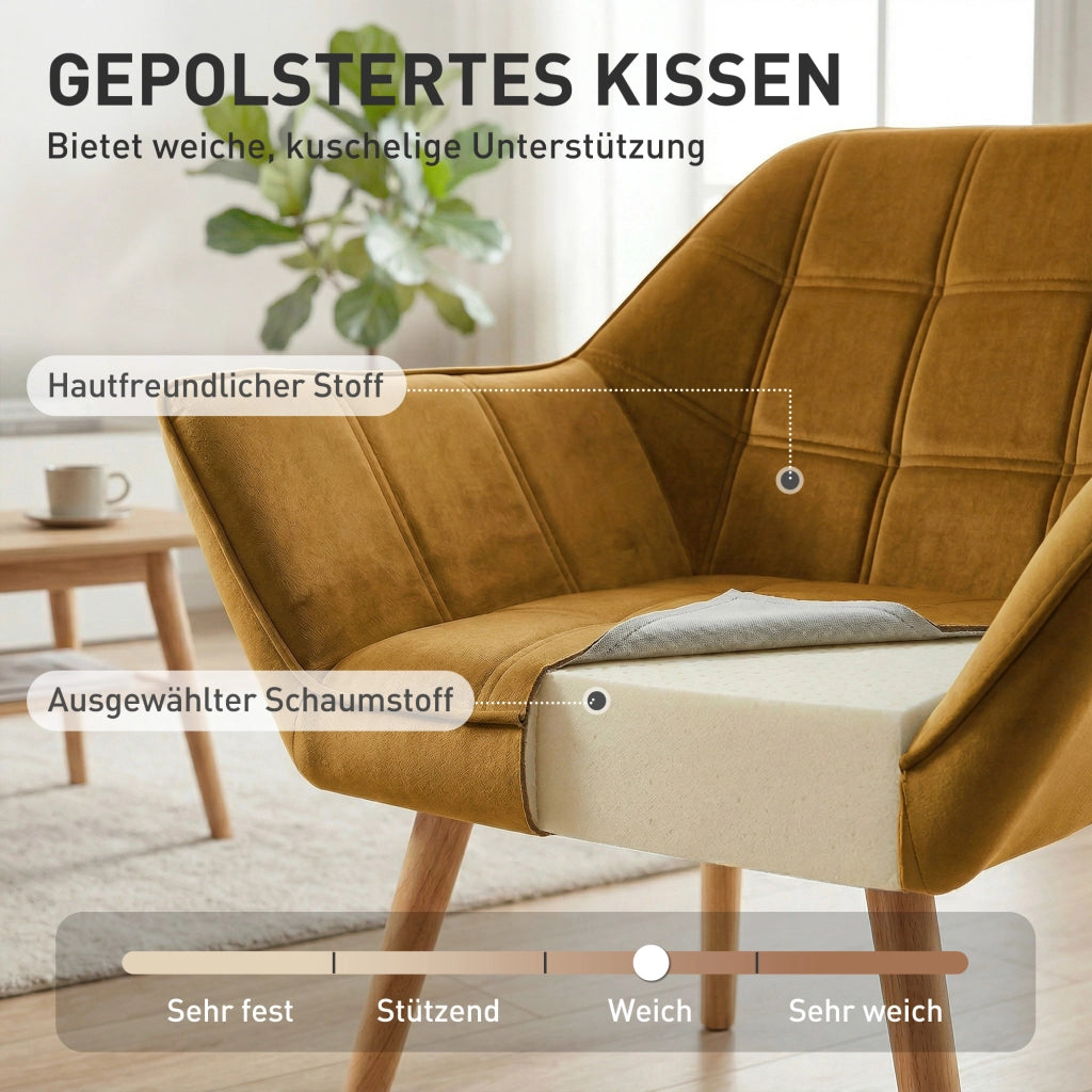Poltrona in velluto giallo ¨C Xylo ¨C Design scandinavo con gambe in legno, capacit¨¤ 120 kg