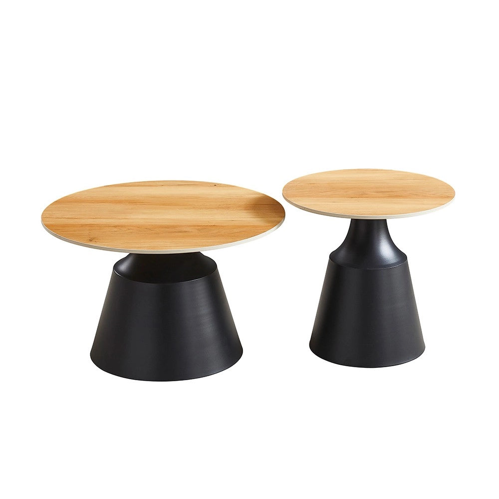 Set Tavolini Dual Rotondi in Ceramica e MDF rovere con Struttura in Metallo Nero – Coppia Tavoli Salotto Moderni