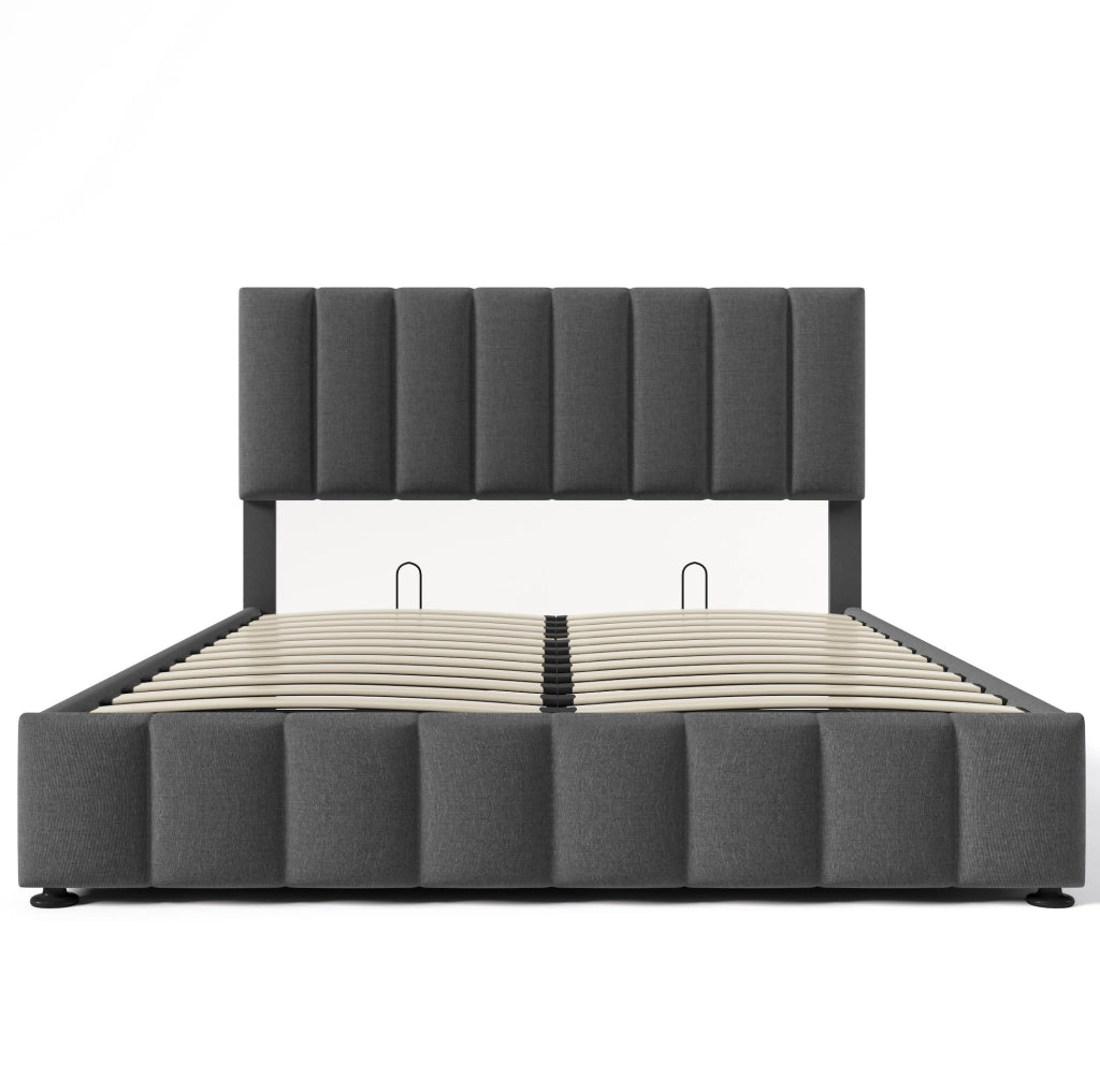 Letto matrimoniale 140x200 cm con contenitore; testiera regolabile; in lino grigio; con materasso