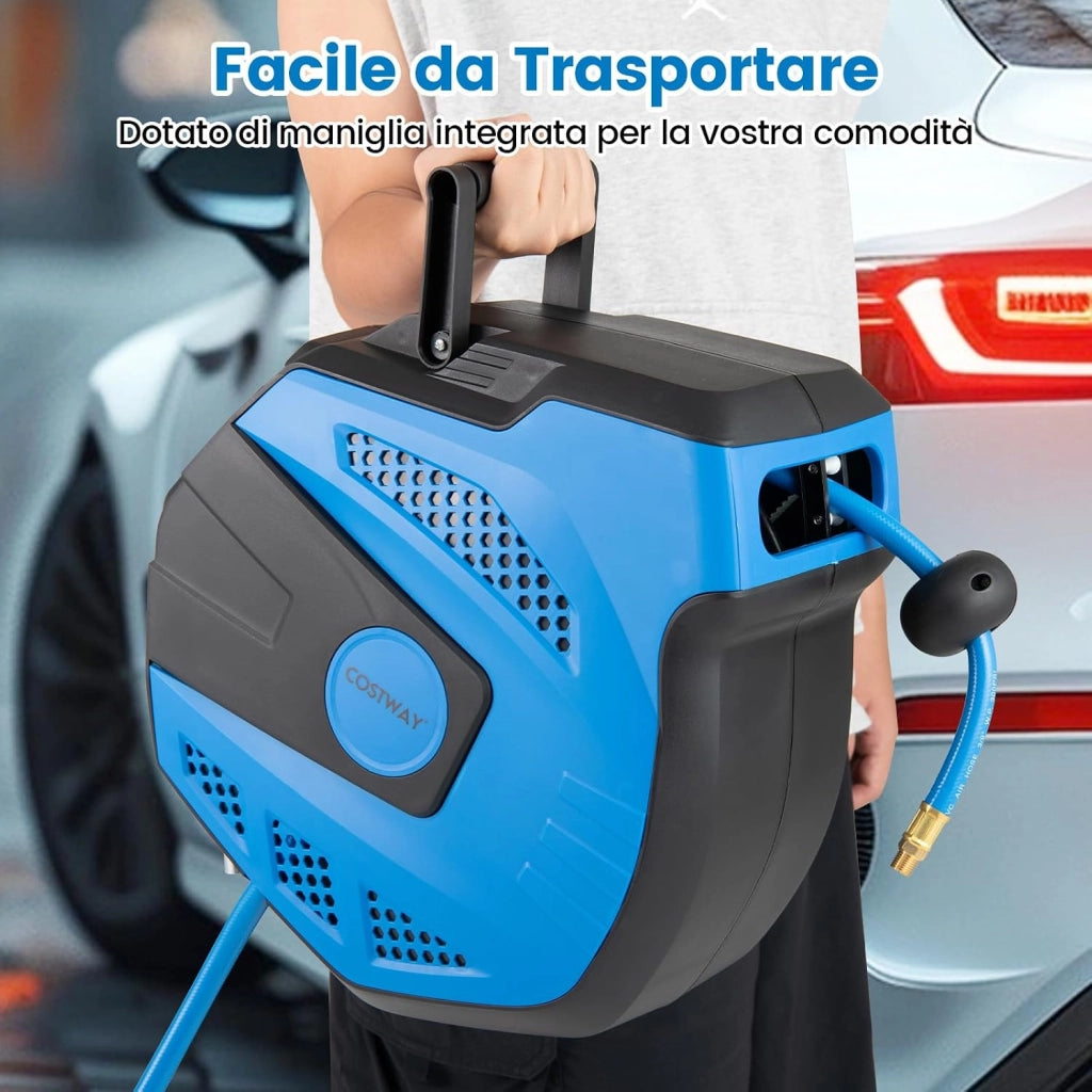 Avvolgitubo Aria Compressa da Parete, Tubo Aria Ibrido da 15 M con Tubo di Alimentazione da 1,5 M, Supporto Girevole a 180°, Avvolgitubo Automatico Retrattile per Garage e Officina