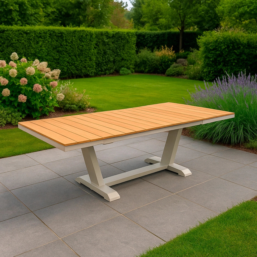 SINED Tavolo da Giardino Allungabile Bianco-Teak in Alluminio Verniciato 180-240 cm per 8-10 Persone Piano a Doghe in Teak FSC® - Modello TAVOLO-GIARDINO-180-240-TECK