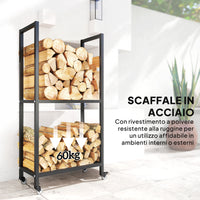 Portalegna da Esterno e Interno 60x30x119 cm a Due Livelli con Ruote in Acciaio Rinforzato Nero