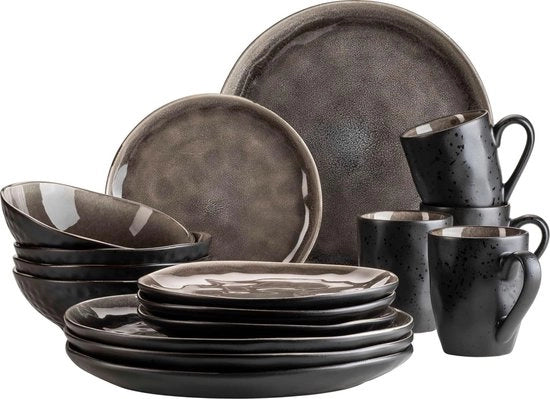Servizio da tavola moderno per 4 persone - 16 pezzi - stile vintage emozionante - ceramica nera e marrone