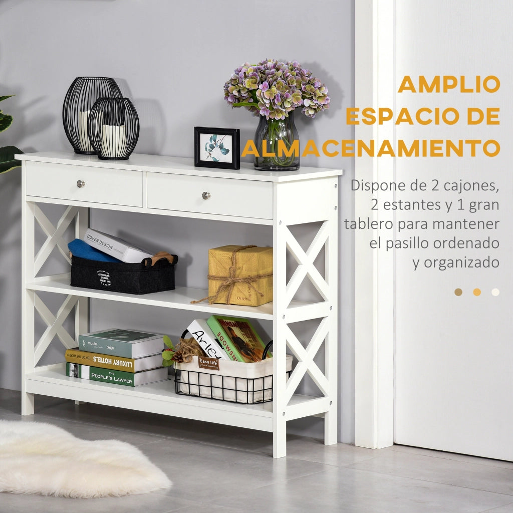 Consolle Ingresso con 2 Cassetti e 2 Ripiani ¨C zephmum ¨C Bianco 100x30.5x80 cm