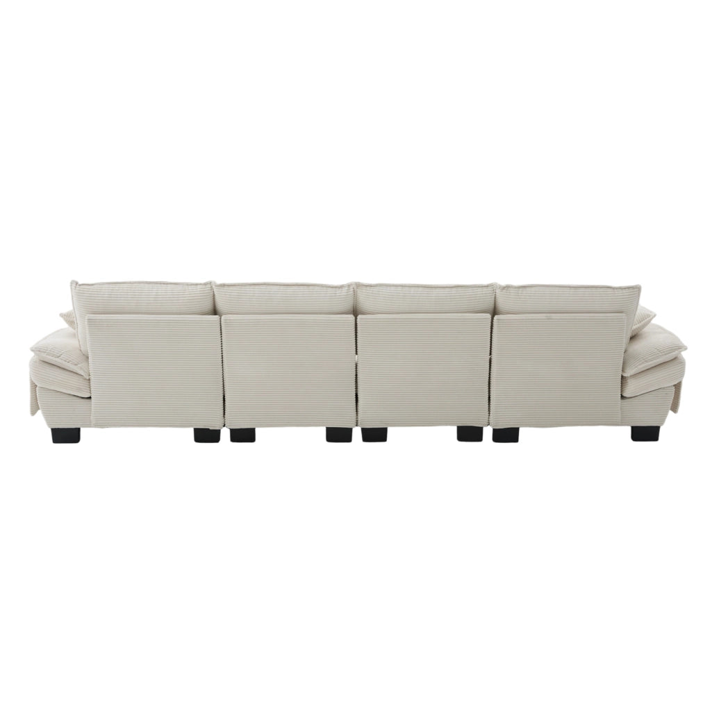 Divano modulare 4 posti in corduroy beige con 2 pouf; USB-C e tasche laterali 330 cm