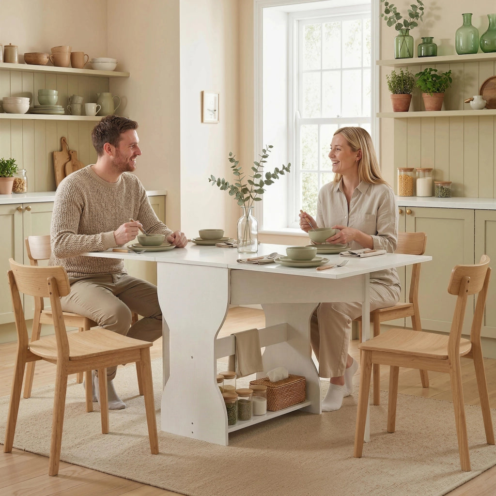 Tavolo da Pranzo Pieghevole per 4 Persone con Ripiano, in Legno, 160x60x75 cm, Bianco