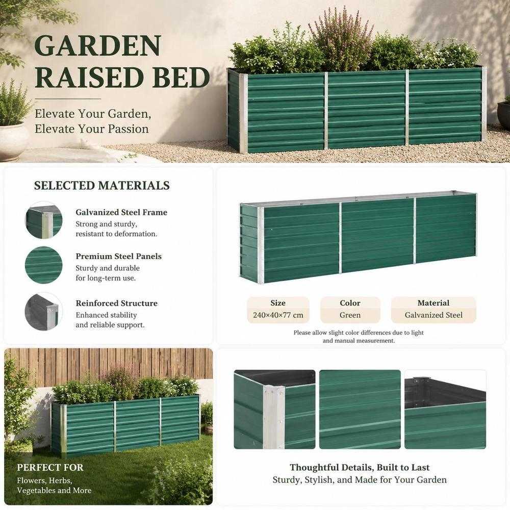Garden Raised Bed Galvanized Steel 240x40x77 Cm Green