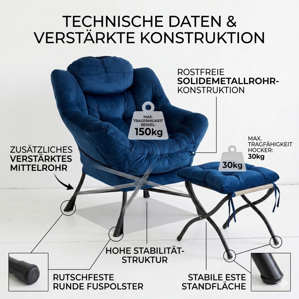POLTRONA Relax con Pouf 70x77x20 cm Tessuto Blu Scuro