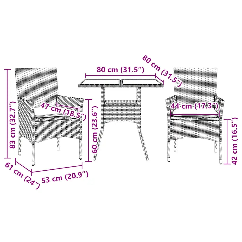Set da Pranzo da Giardino 3 pz | Set Salotto da Giardino con Cuscini Polyrattan e Vetro
