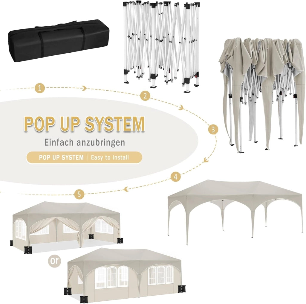 Gazebo Pieghevole da Giardino, Gazebo Idrorepellente Pop Up da 3x6m con Pannelli Laterali, Tendone da Esterno, Altezza Regolabile,Set di 4 Sacchi di Sabbia,con Custodia Beige