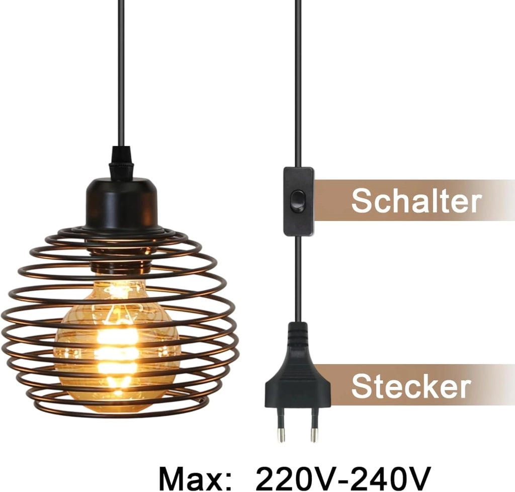 Lampada a sospensione ZMH vintage industriale nera 1 luce cavo 4.5m con spina e interruttore attacco E27 retro