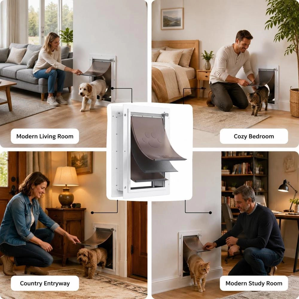 Pet Door/dog Door, Metal Frame With Lock And 3-flap System, 362 X 536 Mm, Weatherproof, Suitable For Cats, Dogs, And Kittens (White-L), Easy Installation